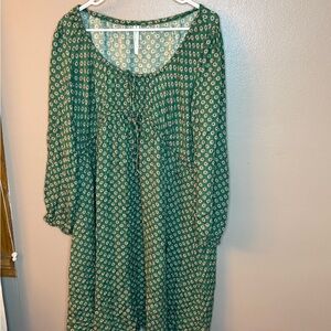 Anthropologie Green Patterned Long Sleeve Dress